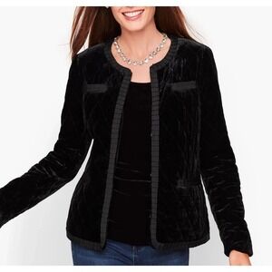Talbots Velvet Puffer Jacket Women PL Black Quilted Lined Long Sleeve Open Front